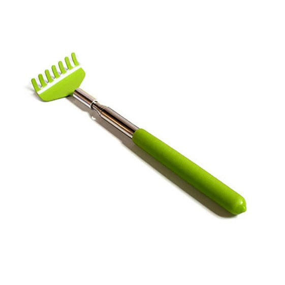 A bright lime green stainless steel telescopic back scratcher with a retractable handle.