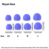 A set of royal blue silicone earplugs in various sizes XS to L are displayed for comfortable listening.