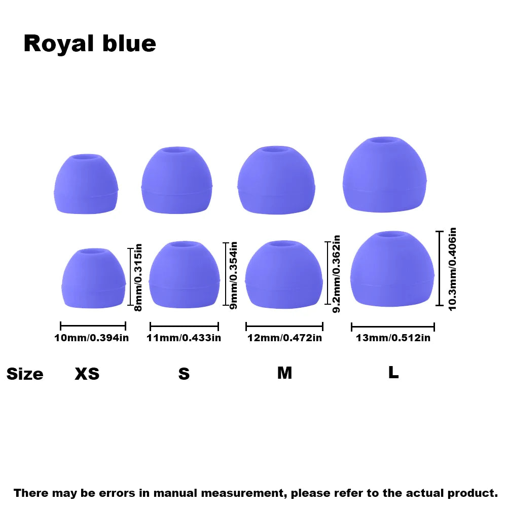 A set of royal blue silicone earplugs in various sizes XS to L are displayed for comfortable listening.