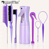 A purple 7-in-1 hair styling tool set featuring a comb, brush, and sprayer combo.