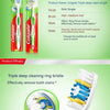A set of three Colgate deep clean single toothbrushes with green and red packaging and a depiction of the triple deep cleanin