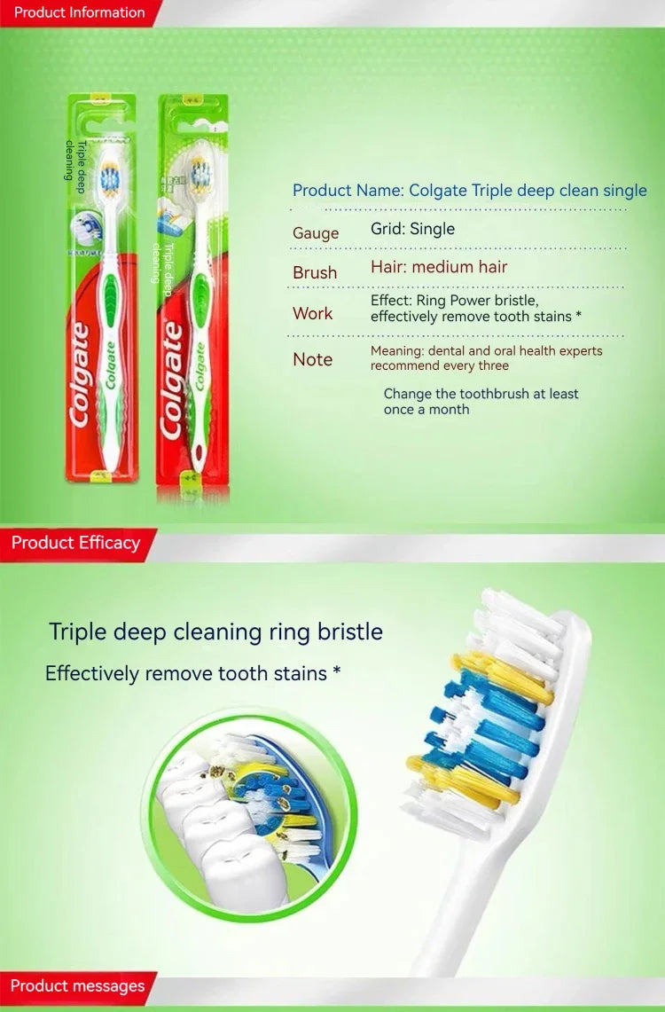 A set of three Colgate deep clean single toothbrushes with green and red packaging and a depiction of the triple deep cleanin