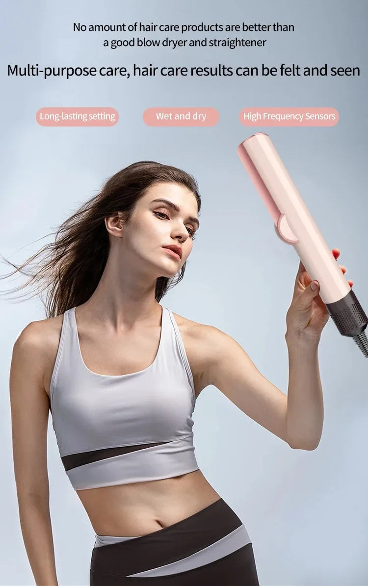 A woman is using a pink hair straightener on her hair, demonstrating multi-purpose hair care.