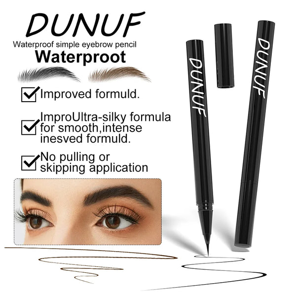 A black waterproof liquid eyebrow pencil is shown with various formulations and application results on a woman's eye.
