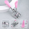 A set of professional stainless steel eyelash curlers with pink handles, showing the curved jaw, automatic rebound, and comfo