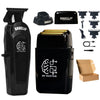 A black professional high-speed hair trimmer set including a main unit, attachments, and packaging box.