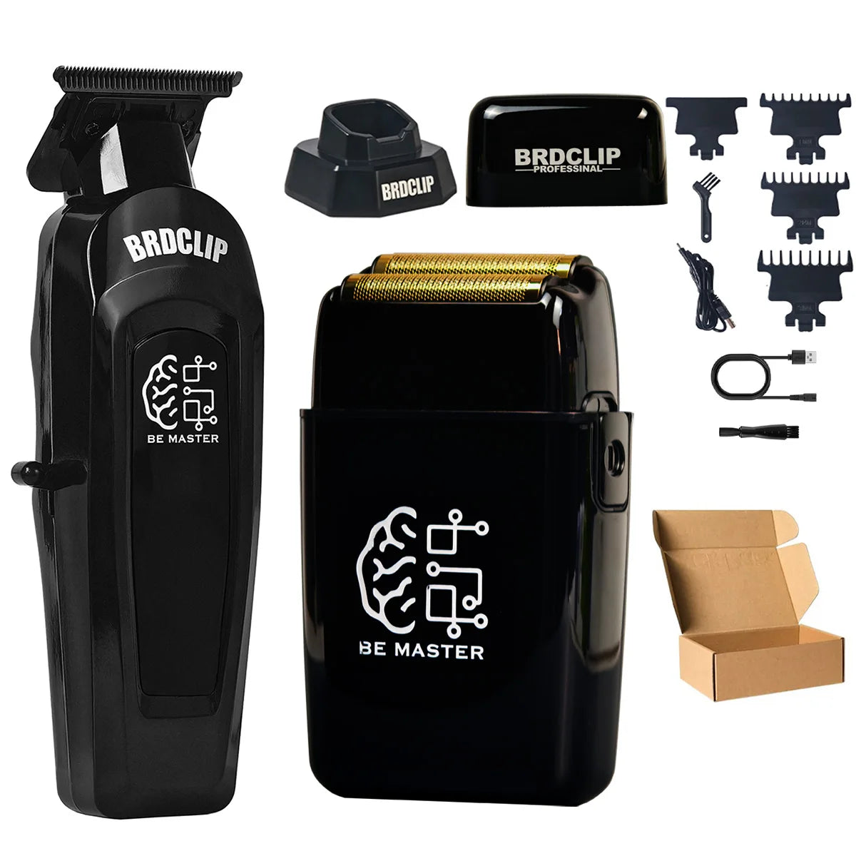 A black professional high-speed hair trimmer set including a main unit, attachments, and packaging box.