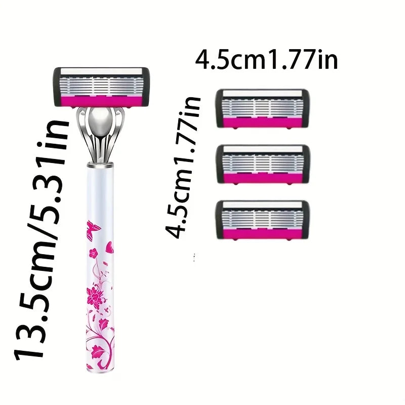 A pink and silver multi-layer body hair removal razor with a black handle and multiple shaving heads.