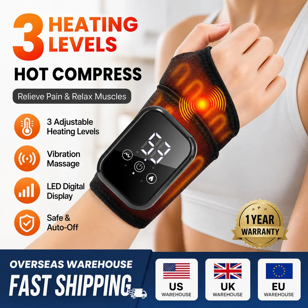A hand is wearing a black heated vibration wrist brace massager for muscle relief and relaxation.