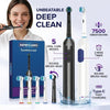 A woman is shown using a deep cleaner toothbrush, with various brush heads and charging options displayed.