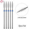 A set of five diamond nail drill bits, measuring 10.3x2.3mm each, for professional manicures.