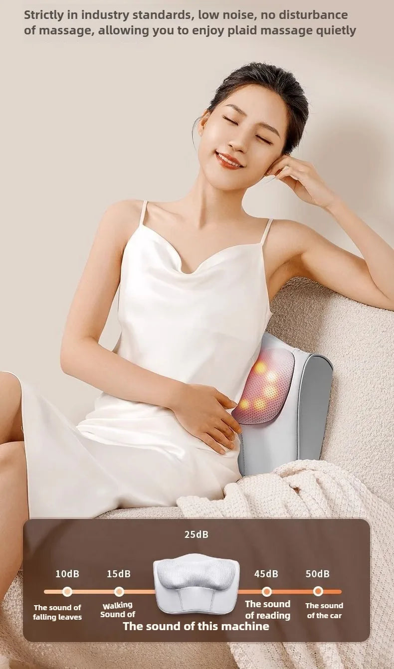 A woman is relaxing while using an electric massage pillow for cervical and back shiatsu massage.