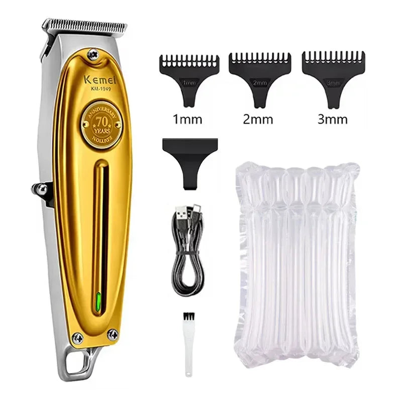 A gold and silver professional rechargeable electric hair clipper with various guard attachments and a charging cable.
