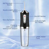 A portable rechargeable dental water flosser with a glass tank, nozzle, and various features like an ON/OFF button and chargi