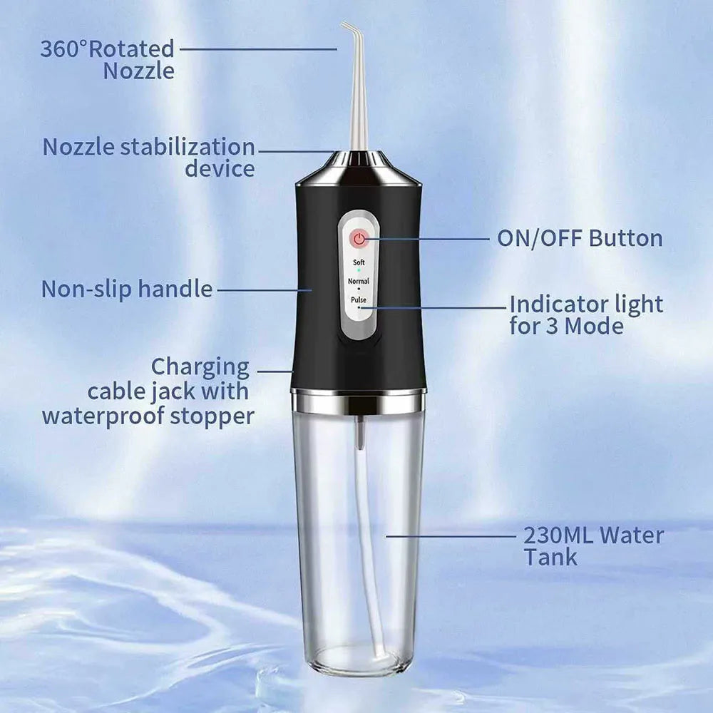 A portable rechargeable dental water flosser with a glass tank, nozzle, and various features like an ON/OFF button and chargi