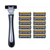 Stainless steel safety razor with replaceable triple-blade head shown in a vertical orientation