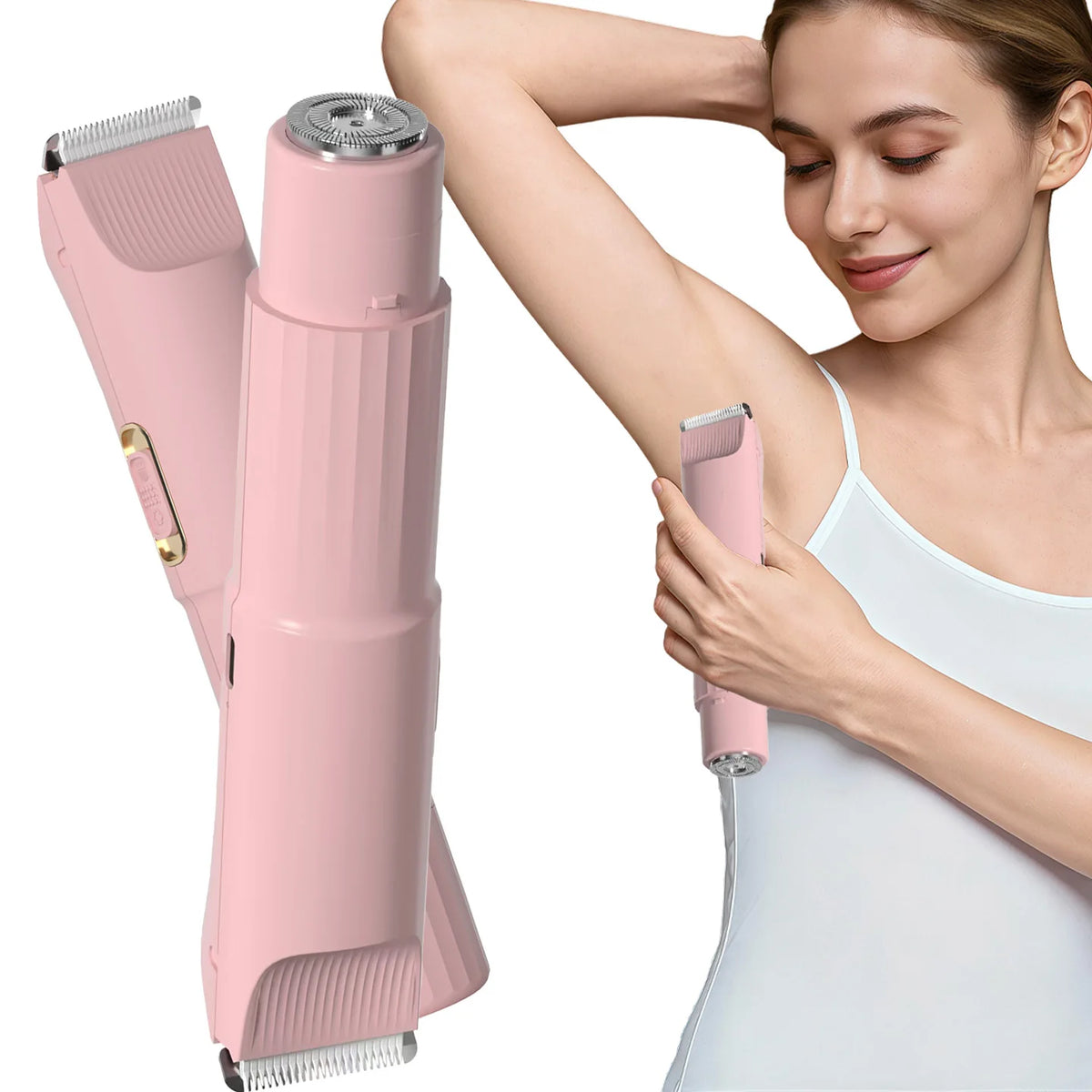 Una mujer usando una recortadora eléctrica rosa de dos en uno para afeitarse el vello en su brazo.