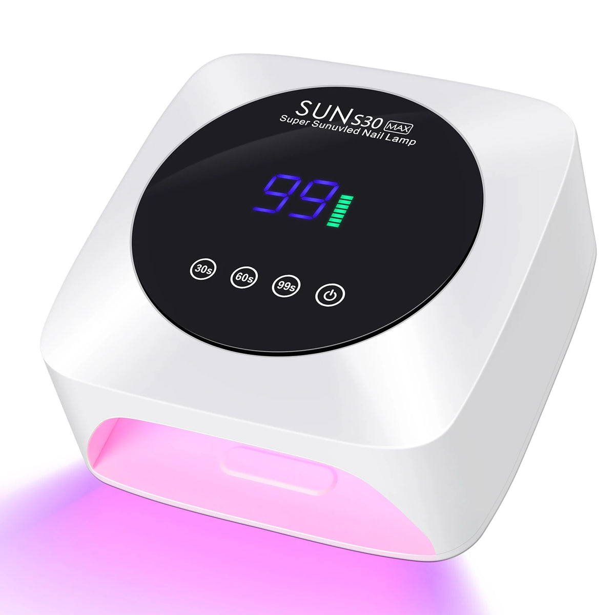 Lámpara de uñas SUNS S30 blanca con luz rosa brillante debajo.
