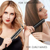 A woman is using a black ceramic flat iron hair straightener on her hair for straight hair and curly waves.