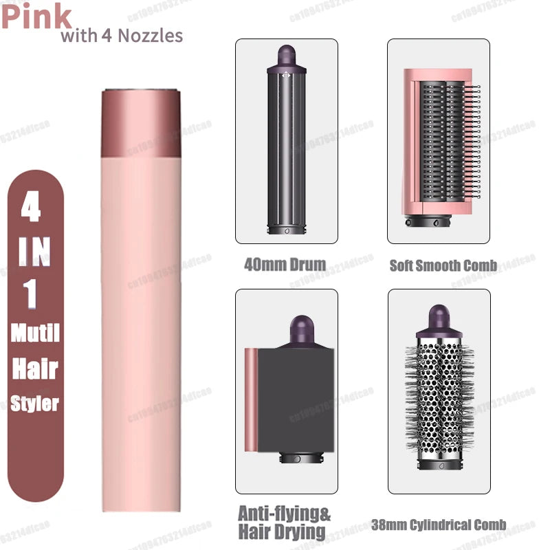 Peineador multiherramienta rosa de 4 en 1 con 4 boquillas, incluyendo tambor y peine cilíndrico