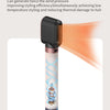 A close-up view of a hair styling tool with a black and pink body, showing warm orange airflow.