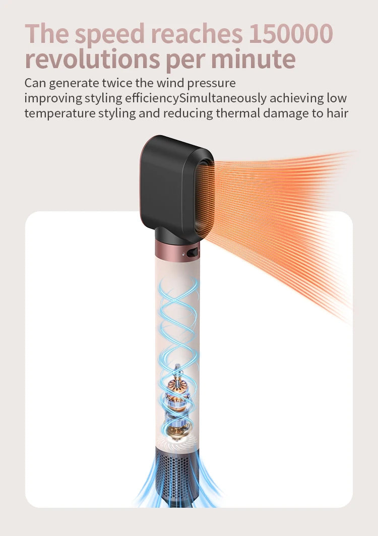 A close-up view of a hair styling tool with a black and pink body, showing warm orange airflow.
