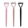 Three versions of a precision metal eyelash separator and curler in pink, nude, and black.