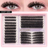 A pink plastic box containing DIY eyelash clusters for extension use, shown next to a model's eye.