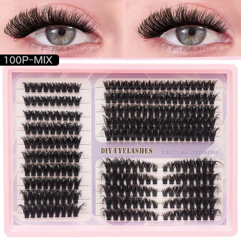 A pink plastic box containing DIY eyelash clusters for extension use, shown next to a model's eye.