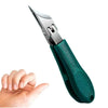 A close-up view of a green stainless steel nail clipper with a slant edge, held by a hand.