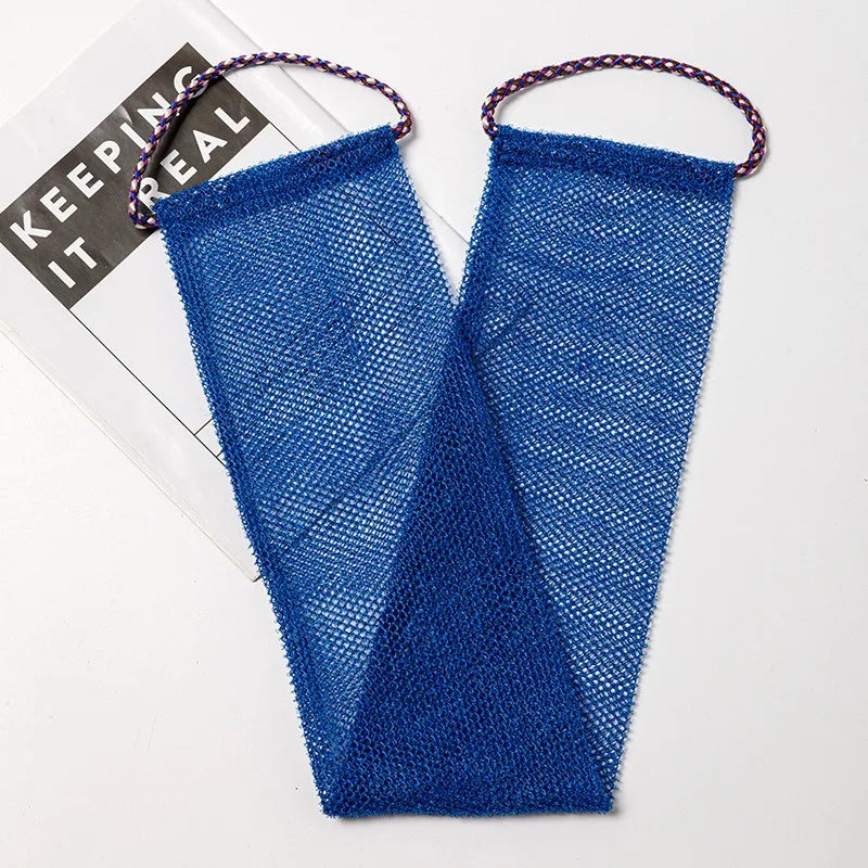 A deep blue exfoliating net body scrub sponge with purple string attached, shown against a white background.