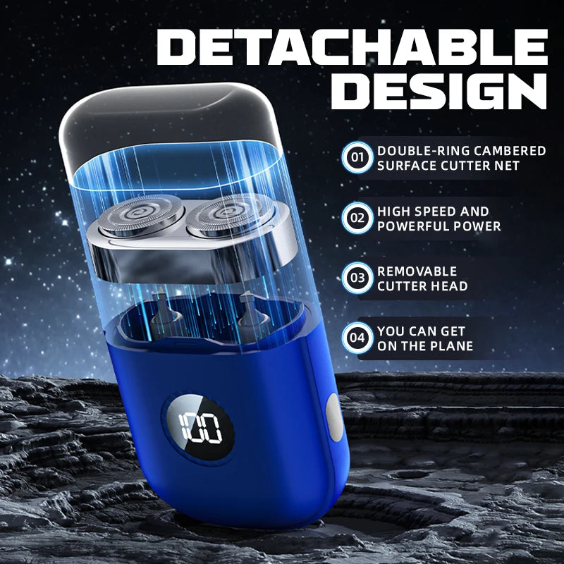 A blue electric beard shaver with a detachable design and multiple features shown against a dark background.