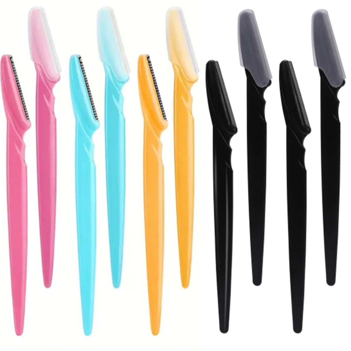 A set of multi-use stainless steel razors in various colors including pink, cyan, yellow, and black.
