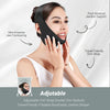 A woman is shown using an adjustable chin strap jawline shaper for post-workout support and travel.