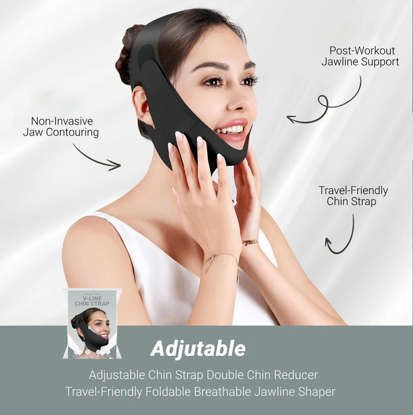 A woman is shown using an adjustable chin strap jawline shaper for post-workout support and travel.