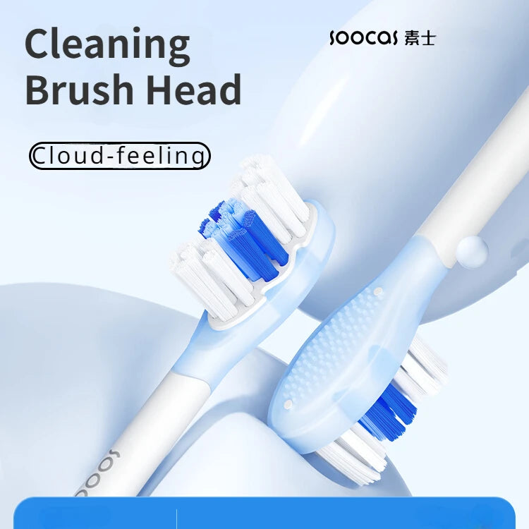 A close-up view of a cleaning brush head for a sonic toothbrush, showing blue and white bristles on a white handle.