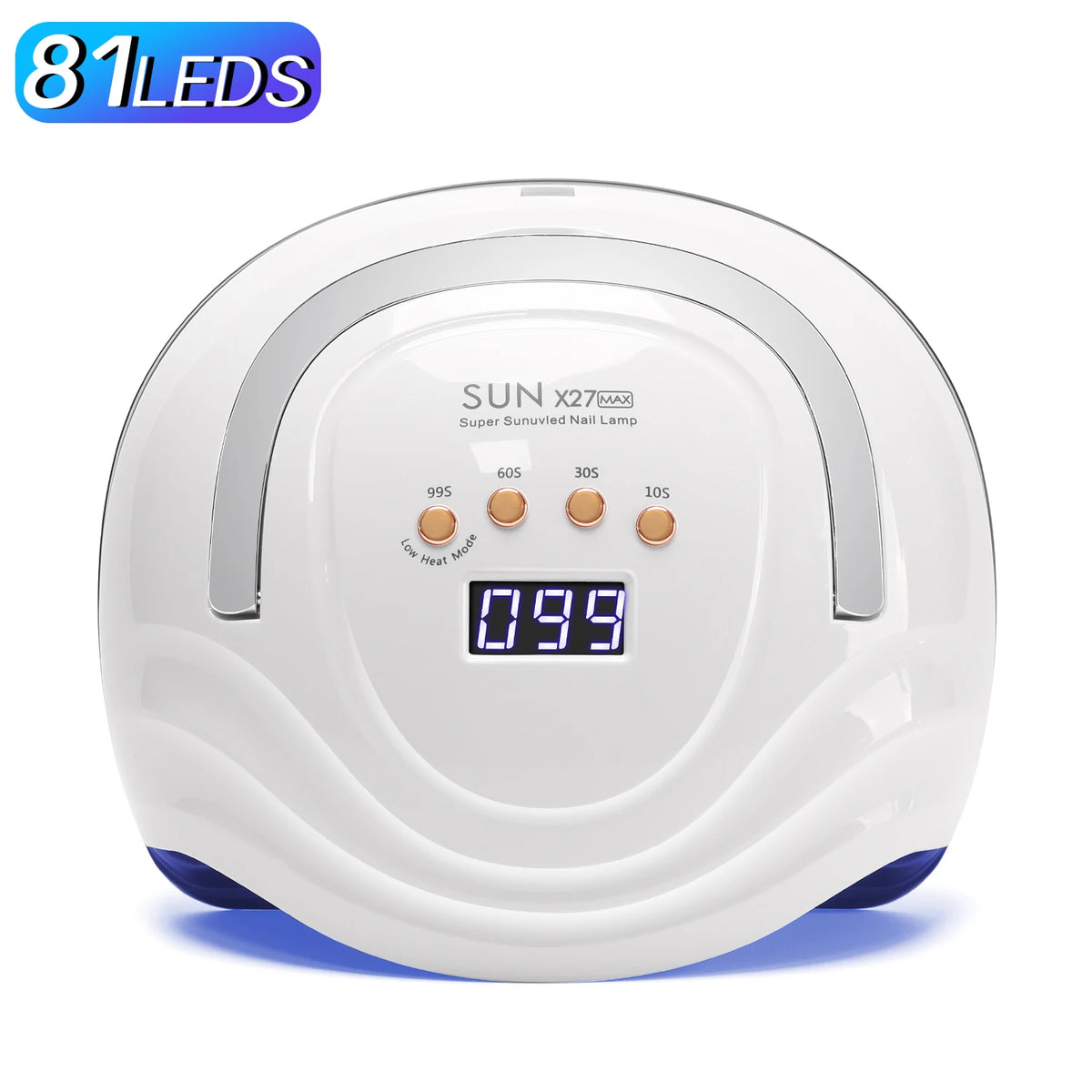 Weiße SUN X27 MAX UV LED Nagellampe mit verschiedenen Intensitätsstufen auf der Vorderseite.