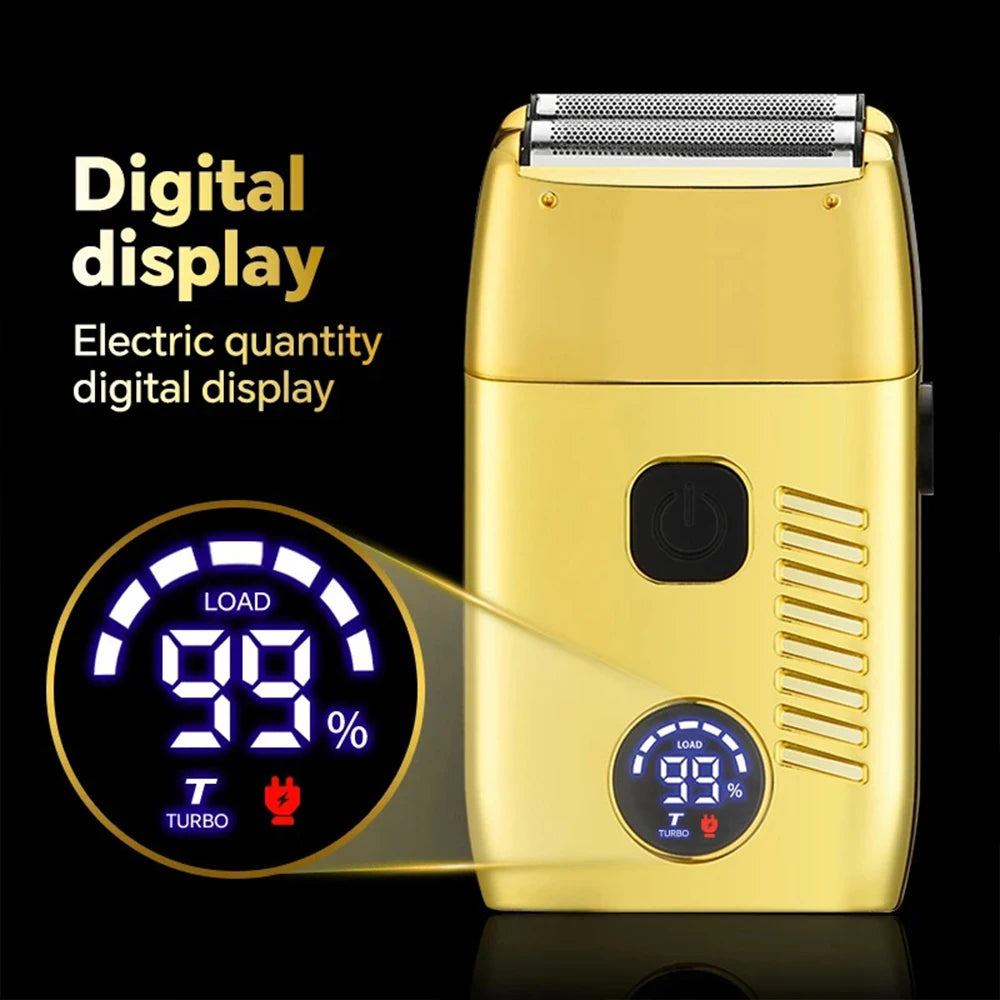 A gold electric hair clipper with a digital display showing 99% load and turbo mode.