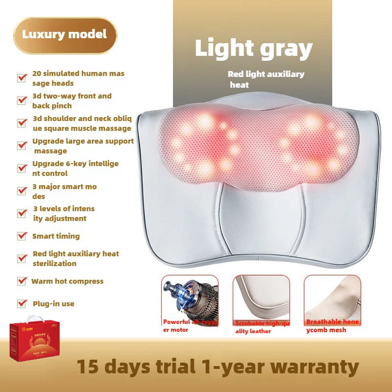 Light gray shiatsu massage pillow with red light therapy features and a power cord.