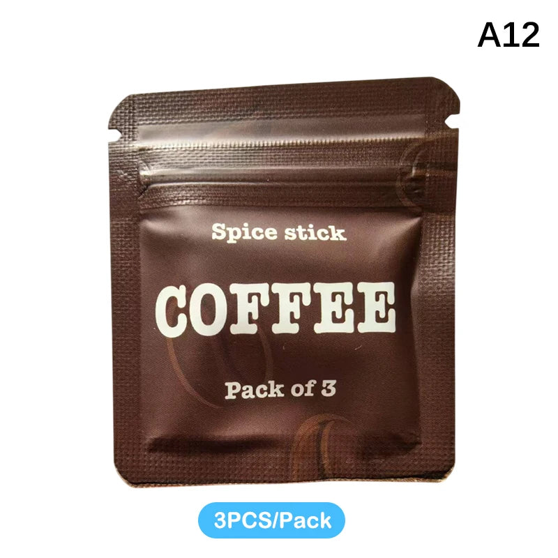 Un paquet de trois bâtons d'épices pour café dans un emballage marron pour un inhalateur d'huiles essentielles