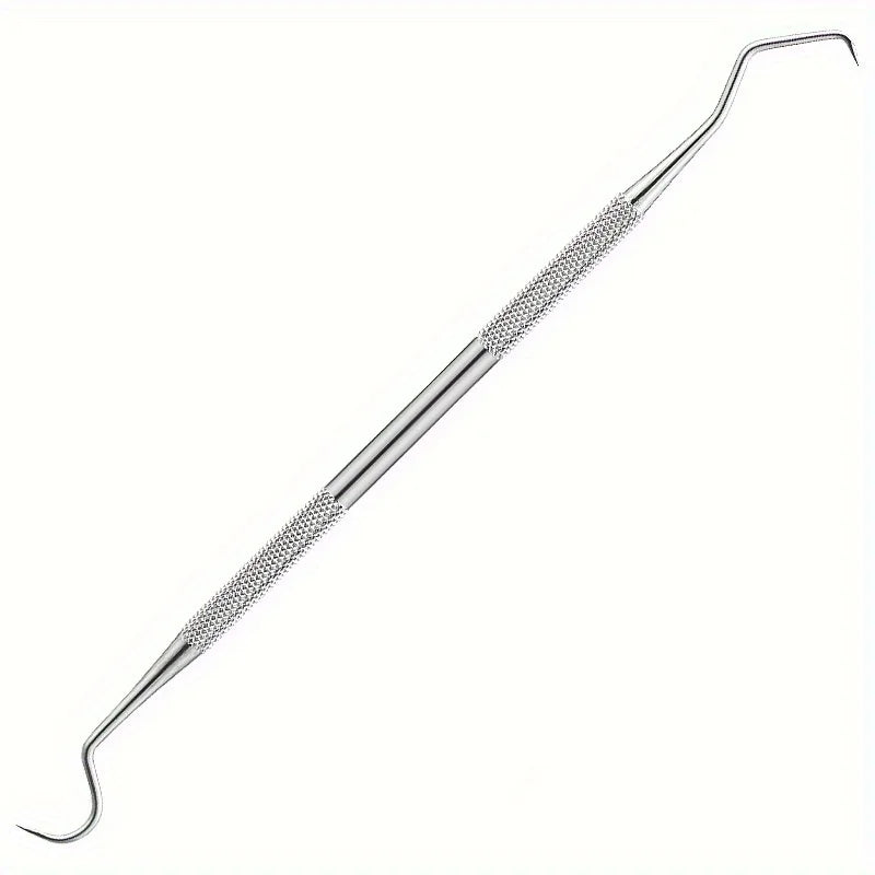 A silver professional multi-tool tooth cleaning kit with a long, slender probe.