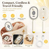 A compact cordless hair smoothing brush shown with charging cable and storage options for travel