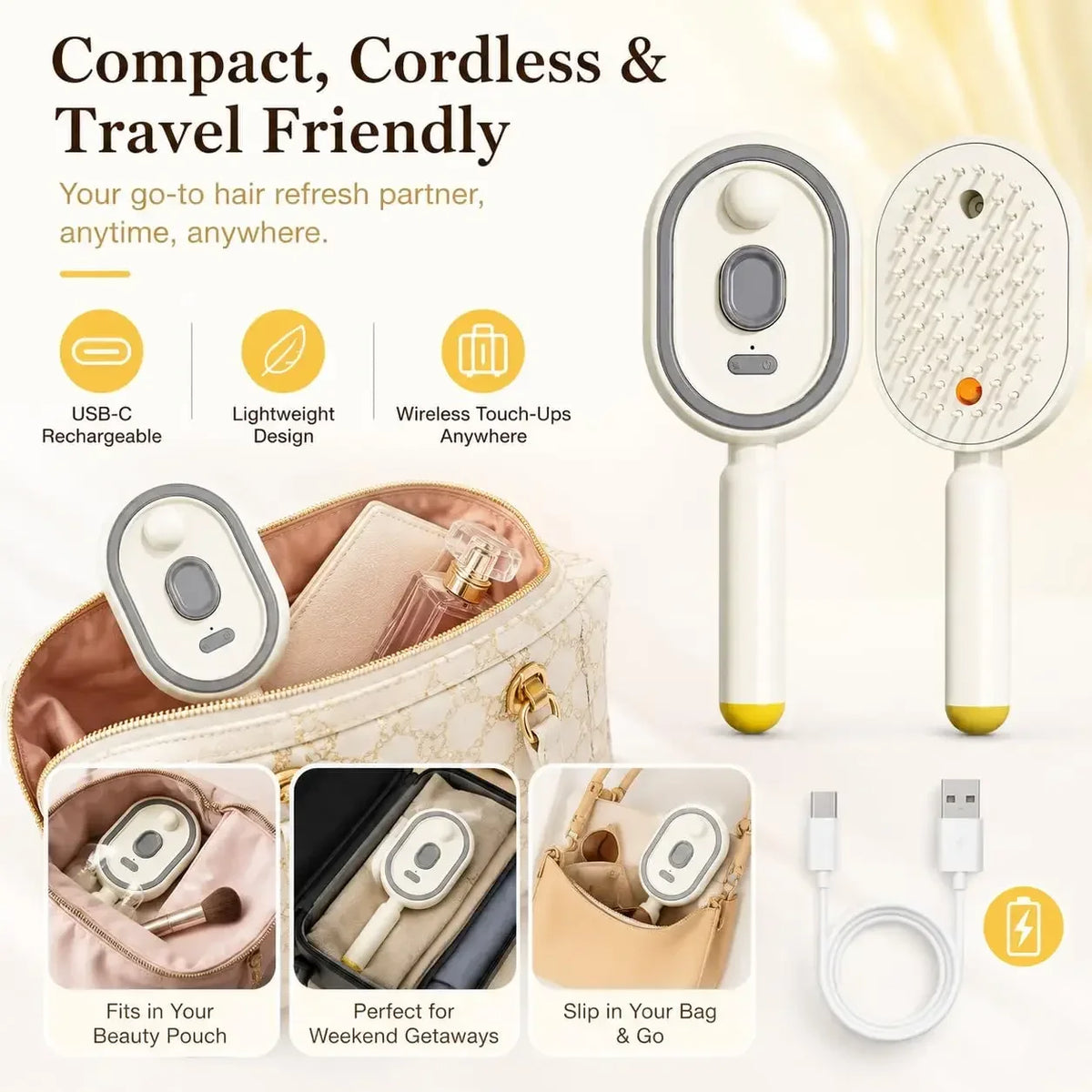 A compact cordless hair smoothing brush shown with charging cable and storage options for travel