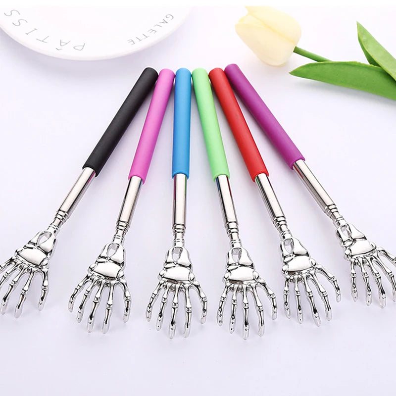 A set of colorful stainless steel telescopic back scratchers with retractable handles displayed on a white background.