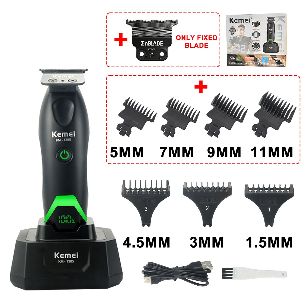 Kemel electric hair trimmer with various blade attachments and accessories