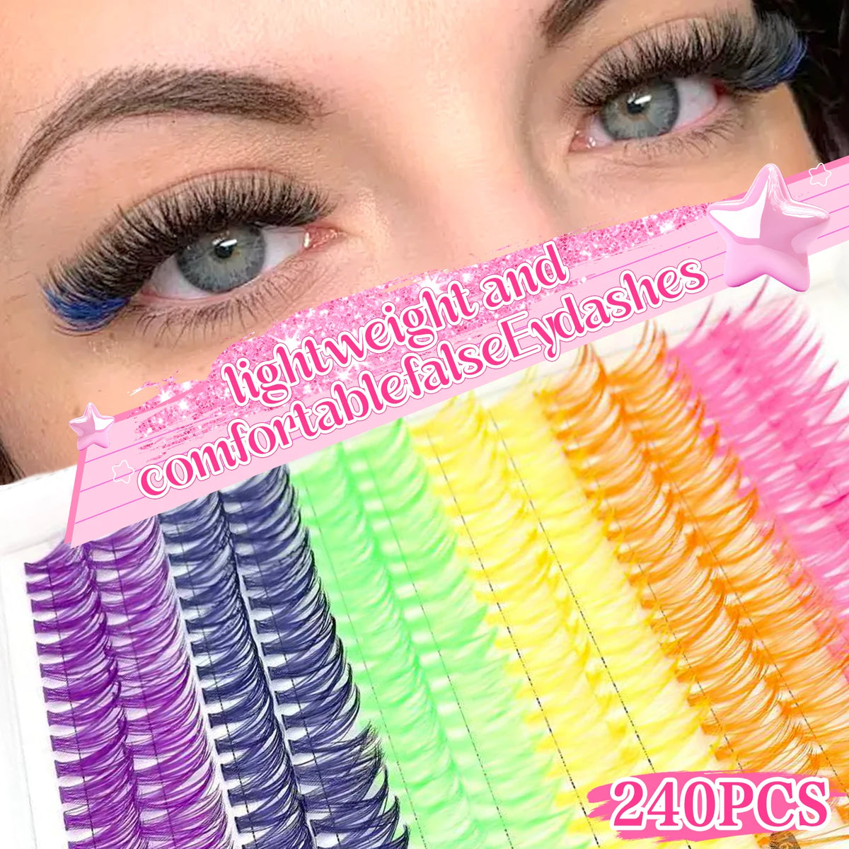 A close-up of a box containing 240 pieces of mixed cluster lightweight and comfortable false eyelashes in various colors.