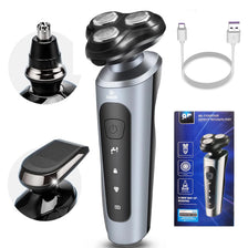 A silver electric shaver and trimmer with a detachable charging plug, showing various components and usage angles.
