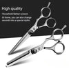 A pair of silver professional haircutting scissors shown against a dark background.