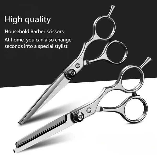A pair of silver professional haircutting scissors shown against a dark background.