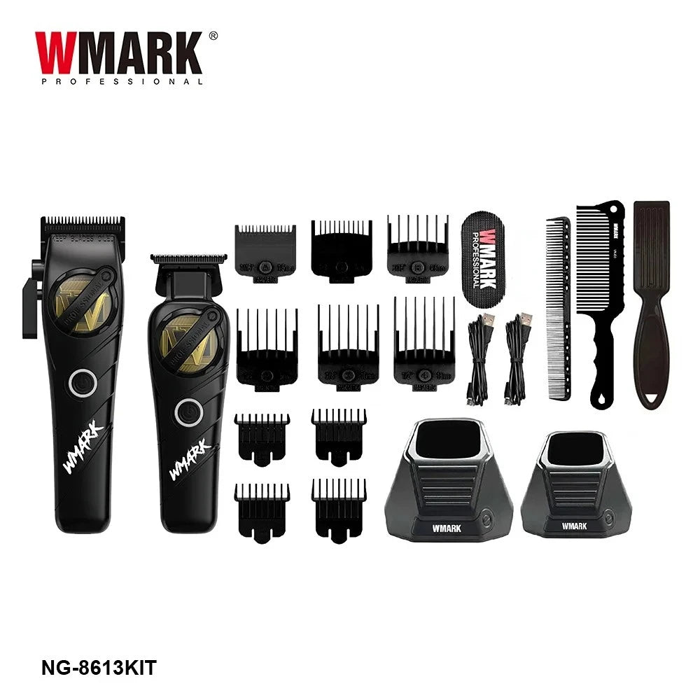 A collection of WMARK professional cordless hair trimmer grooming tools and accessories.